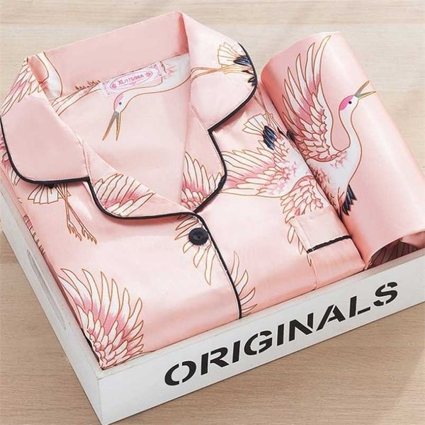 Conjunto de pijamas de satén de seda de verano Mujer Impreso Ropa de dormir de manga larga Pijamas Traje Mujer Dormir Dos piezas Loungewear Plus Tamaño 211103