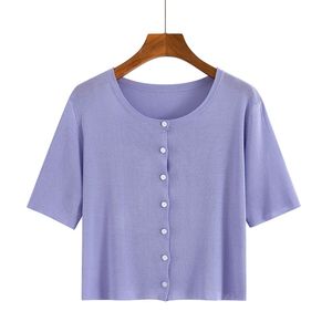 Été Soie À Manches Courtes Bouton Court T-shirt Tops Femme Violet Court Slim Sauvage Coréen Top Base T-shirt Femmes 210420