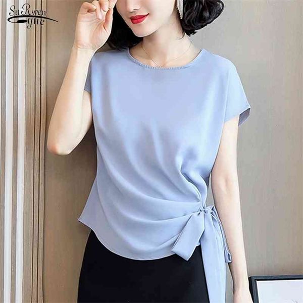 Chemisier et hauts pour femmes à manches courtes en soie d'été Office Lady Plus Size Solid Bow Shirts Femmes Blusas Mujer De Moda 9899 210323