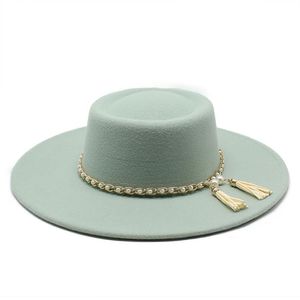 Chapeaux Fedora de Jazz en feutre de laine, couleur unie, Simple, avec chaîne, pour hommes et femmes, à large bord, Panama Trilby, automne hiver 289j