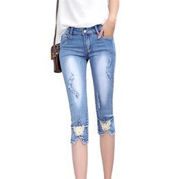 Skinny Denim Capris Dames Mode Mid Taille Casual Ripped Gat Calf-length Denim Pant Dames Potlood Jeans Mujer Lj200808