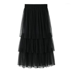 Zomerrok Dames Tule Maxi Rokken Zwart Grijze Mesh Puffy Geplooid Lagen Tiered Lange Sweet Saias Femininas