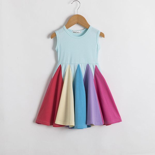 Été sans manches coton arc-en-ciel robe européenne américaine vêtements pour enfants filles printemps et automne princesse jupe bleu Ashion vêtements pour enfants en stock