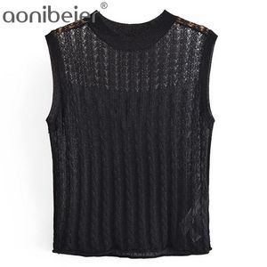 Verano sin mangas Slim Casual Tank Tops Moda Cable Sheer Knit Mujeres Tanques Mujer Negro Translúcido Glitter 210604