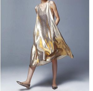 Zomer mouwloze dames lange jurk los glans bling reflecterende hologram vrouwelijke zomer lange jurken zilver goud glitter