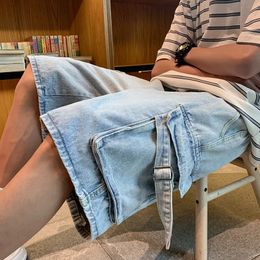 Summer Slim Stretch Short Cargo Jeans Fashion Retro Button Old Design Denim Streetwear Cotton Cargo Shorts Male A181 240412