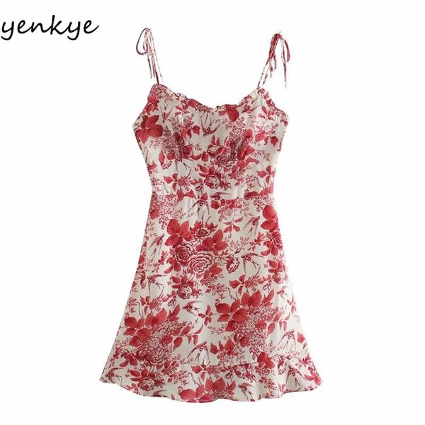 Summer Sling Robe Sexy Femmes Vintage Floral Imprimer Moderne Femme Sans Manches Col V A-ligne Mini Soirée Robe 210514