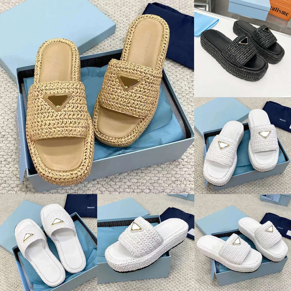 summer slippers designer sliders Fashion woman Platform sandal beach slides Triangle straw Leather Outdoor shoes white black Gold buckle