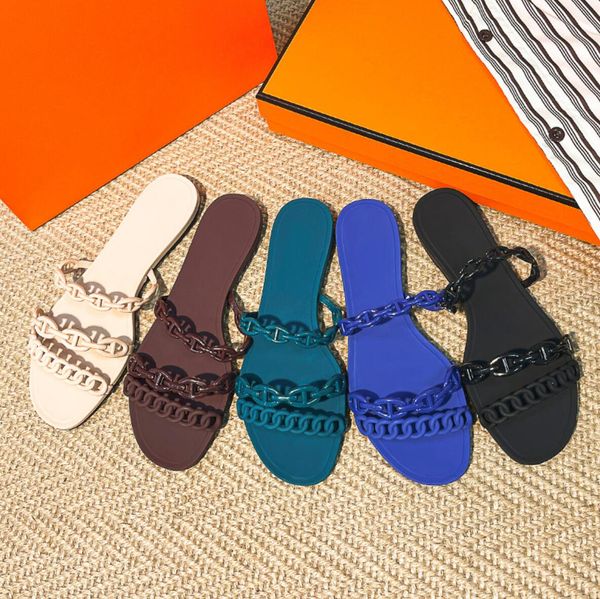 Diseñador de zapatillas de verano Sandalias de playa de la playa de la mujer H Cadena de la nariz de cerdo zapatos de gelatina Black Blue Nude Green 35-41