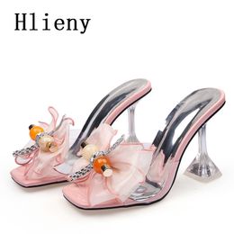 Pantoufles d'été Taille de fête Hlieny Fashion Pink Bowknot Halls Sandals Women Square Open Toe PVC Chaussures transparentes S E