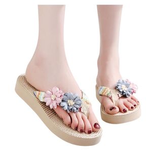 Pantoufles d'été pour femmes, chaussures de plage tissées, sandales respirantes, pantoufles de maison, tongs à fleurs, 2023