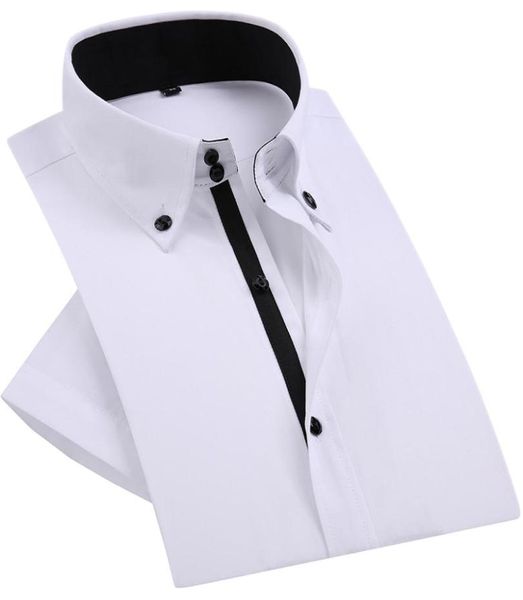Camisa de vestir para hombre con botones de diamantes, informal, elegante, de verano, manga corta blanca, cuello alto de lujo, camisas de negocios con estilo ajustadas 2009254848300