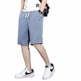 Summer Soft Cozy Lyocell Tissu Denim Shorts pour hommes Pantalons amples minces Cordon de serrage Taille élastique Corée Casual Court Plus Taille M-5XL U8Af #