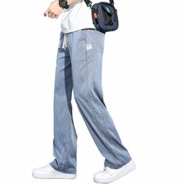Zomer Zachte Lyocell Stof Heren Jeans Dunne Losse Rechte Broek Trekkoord Elastische Taille Korea Casual Broek Plus Size a6QK #