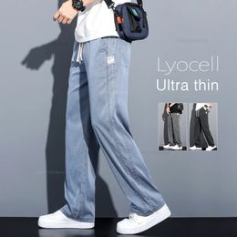 Soft Soft Lyocell Fabric Homme Jeans mince pantalon droite lâche crampon de taille élastique Corea Contrôle décontracté 240513