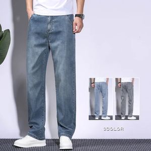 Été doux Lyocell tissu hommes jean mince pantalon droit ample cordon taille élastique corée pantalon décontracté grande taille 2842 240305