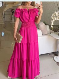 Zomer Solid Boho Dress Women Fashion Elegant Beach Party Casual Slash Neck Office Maxi Jurken For Woman Robe Femme 240425