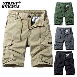 Zomer effen kleur mode katoen casual rijbroek lading mannen shorts ademende snel droge multi pocket hiphop 210716