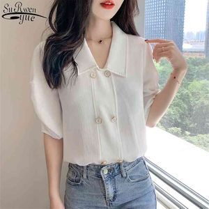 Zomer Effen Kleur Gepofte Mouwen Korte Mouw Chiffon Blouse White Tops Simple Elegant Ol Chemisier Femme 10290 210427