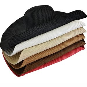 Zomer Solid Color Straw Hat Vrouwen grote brede randjes reisvoldbare zon hoed zonnebrandcrème UV Protection Panama Cap