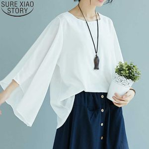 Verano sólido moda coreana tops algodón y lino blusas sueltas mujeres femeninas irregulares mangas de llamarada blusa ropa 9426 210527