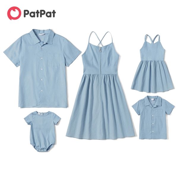 Conjuntos de la serie de mezclilla azul claro sólido de verano (vestidos de tirantes - mamelucos de camisas con botones delanteros) 210528