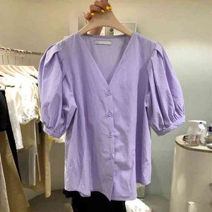 Zomer Effen Bladerdeeg Korte Mouw Knoopt Shirt Dames Blouse All Match Womens Purple Top Koreaanse Mode Camisas Mujer 210514