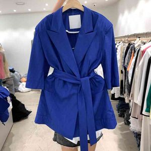 Zomer Effen Korte Mouw Dames Blazer Simple Lace Up Traje Mujer Koreaanse Fashion Pockets Design Jacket voor Dames 210514