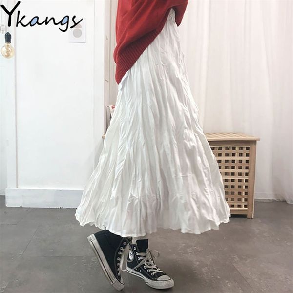 Été solide blanc noir gothique plissé jupes femmes harajuku taille haute longue grande taille satin midi streetwear 210629