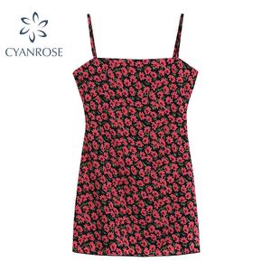 Zomer spaghetti riem jurk vrouwen sexy mouwloze a-lijn mini floral print jurken vrouwelijke vakantie strand party club bar vestidos 210417