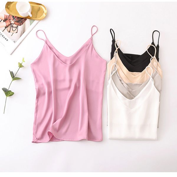 Verano Spaghetti Strap satén seda Tops mujeres Halter cuello en V básico Bottoming Cami sin mangas Color sólido tanque mujer Sexy camisola