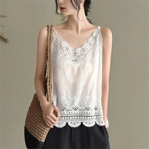 Verano Spaghetti Strap Tops mujer sin mangas con cuello en V Floral bordado Casual algodón Lino Tank Top Camis camiseta mujer 220318