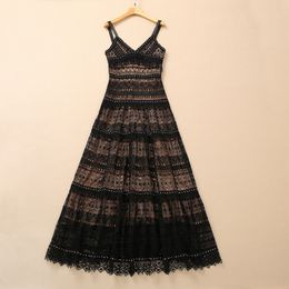 Zomer spaghetti riem v nek jurk zwart / kaki bloemen kanten panelen klinknagel lange maxi elegante casual jurken 22q192316