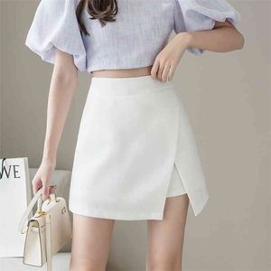 Été fendu en mousseline de soie Shorts jupes femmes faux deux pièces jupe mince Femme taille haute a-ligne mince blanc Femme 210708