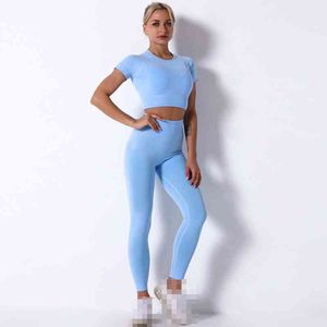 Summer Sport Pak Korte Mouw Gym Crop Top Stretch Fitness T-shirts Dames + Naadloze Leggings Hoge Taille Yoga Broek Deportiva 210514