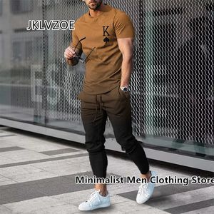 Costume de sport d'été couleur unie à manches courtes t-shirt pantalons longs ensembles hommes survêtement K imprimer tendance décontractée vêtements surdimensionnés 240202