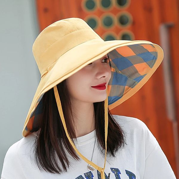 Sombrero de playa flexible para verano y primavera, sombrero de pescador con protección solar para viajes y vacaciones, sombrero de Panamá de ala ancha Reversible a cuadros para mujer