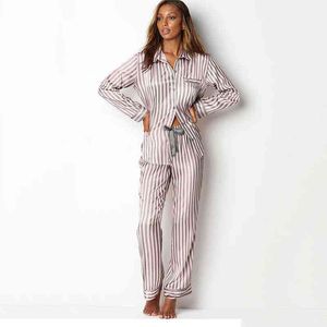 Été printemps pyjamas pour femmes Satin soie vêtements de nuit deux pièces ensemble à manches longues rayé Pjs salon porter des costumes de nuit vêtements de maison