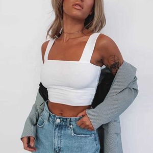 Summer Square Col Sans Manches Crop Top Femmes Noir / Blanc Casual Basic T-shirt Off Épaule Cami Sexy Dos Nu Réservoir Tee 210607