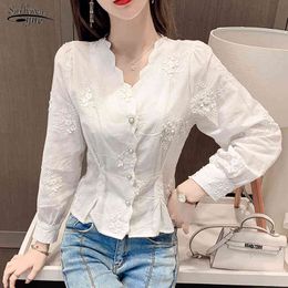 Verano estereoscópico bordado blanco puro algodón blusa Floral manga larga mujer camisa moda señora 13875 210521