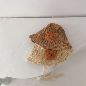 Chapeau de paille d'été pour bébé fille, avec nœud en dentelle, à la mode, de plage, de princesse Panama, pour enfants, ours, casquette de poupée de dessin animé