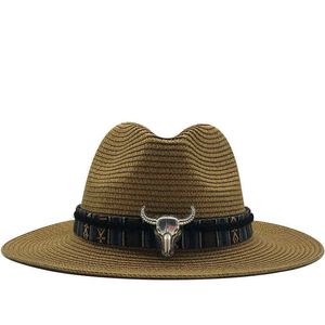 Zomer Strooien Hoed voor Mannen Vrouwen Zon Strand Hoed Mannen Jazz Panama Hoeden Fedora Brede Rand Zon Bescherming cap met Lederen Riem 210616