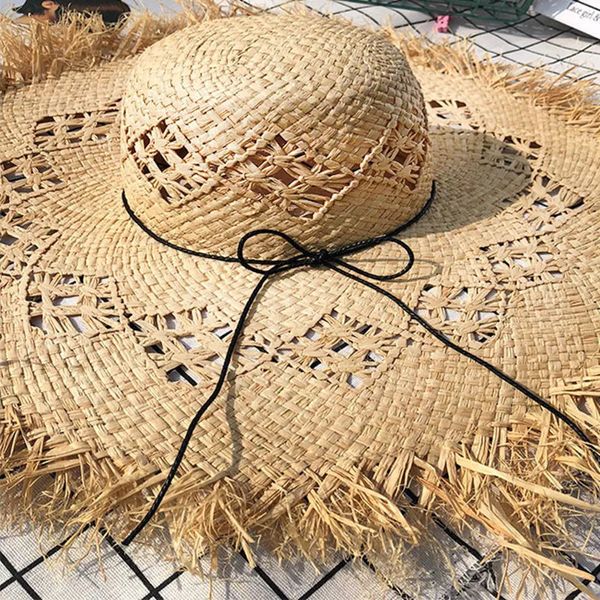 Chapeau de paille d'été creux femme plage soleil femme grand avant-toit décontracté couleur unie bord de cheveux Rafi 240326