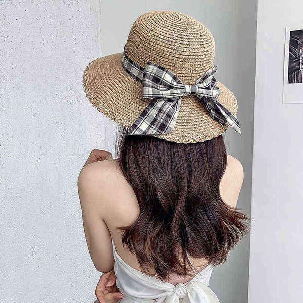 Chapeau de paille d'été Casquette de protection solaire pour femmes Chapeaux de mode Plaid Bow Bucket Chapeaux Dames Casual Hat Sun Visor Girls Beach Cap G220301