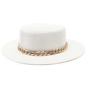 Chapeau de paille d'été avec chaîne pour femmes et hommes, chapeaux de soleil de plage, casquette à dessus plat, casquettes pour hommes et filles, chapeau de soleil pour dames, vente en gros