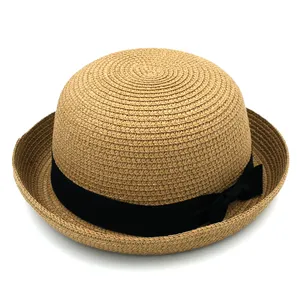 Sombreros de paja de verano Sombrero para el sol Sombrero de bombín Gorra de playa para mujer con cinta Bowkot negra