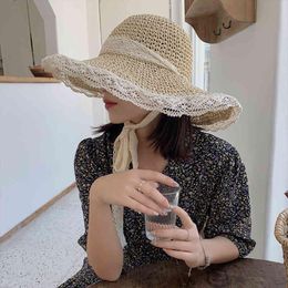 Summer Straw Lace Beach s Women Korean Windproof Rope Travel Wide Brim Sun Elegant Lolita Bucket Hat Holiday