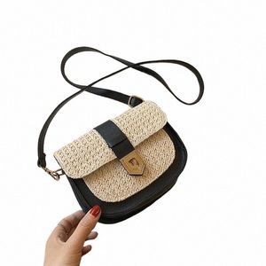 Bolso de hombro de paja de verano Bohemia tejido de mujer Nuevo Fi Simple Boho Flap Crossbody Saddle Beach Bag c9DU #