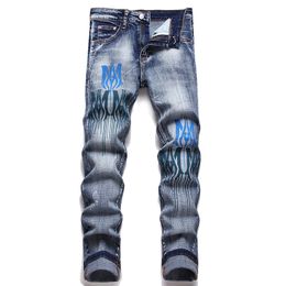Summer Street Jeans Homme Lettre Imprimé Teinture Denim Pantalon Taille Mi-Ajustée Slim Stretch Quotidien Pantalon Printemps Bleu Pantalones Para Hombre Vaqueros