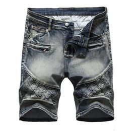 Summer Stretch Short Denim Jeans Men Bordado Bordado Tres color Cowboy Shorts informal Decoración de la cremallera retro Multipocket 240328